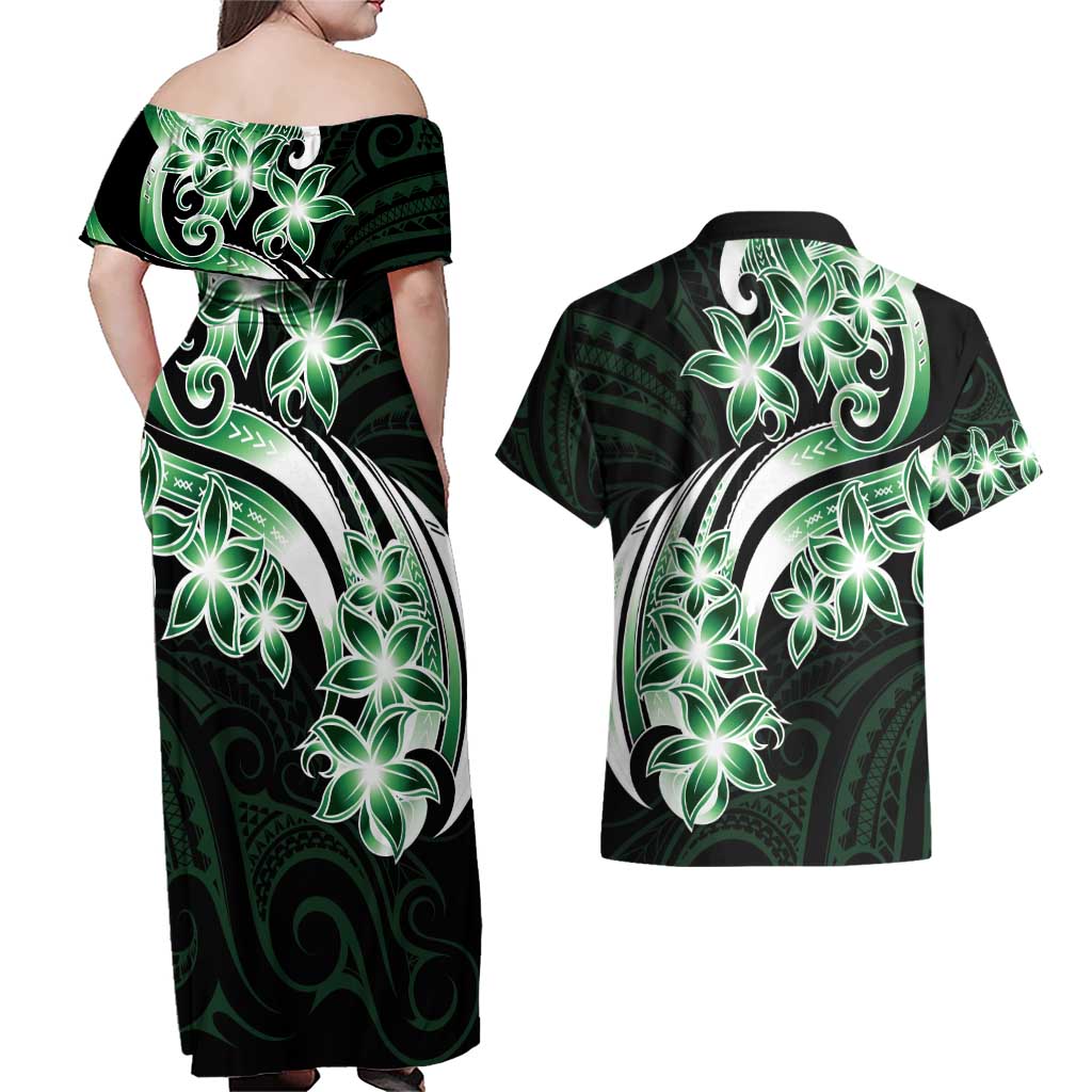 Plumeria Tribal Tattoo Couples Matching Off Shoulder Maxi Dress and Hawaiian Shirt Green Polynesian Pattern LT9 - Polynesian Pride
