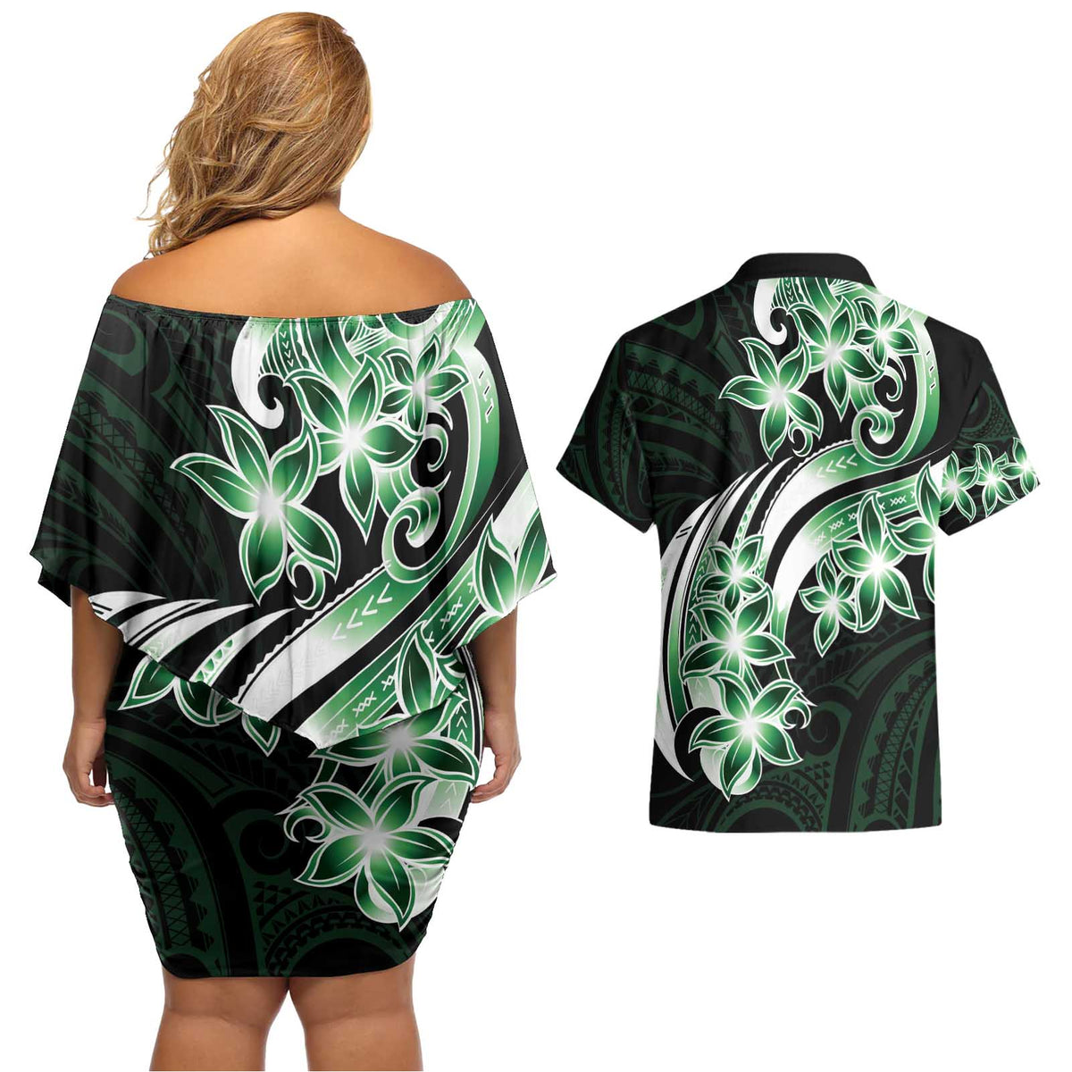Plumeria Tribal Tattoo Couples Matching Off Shoulder Short Dress and Hawaiian Shirt Green Polynesian Pattern LT9 - Polynesian Pride