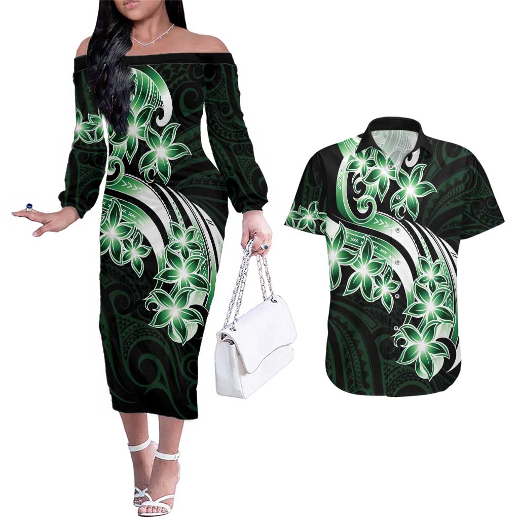 Plumeria Tribal Tattoo Couples Matching Off The Shoulder Long Sleeve Dress and Hawaiian Shirt Green Polynesian Pattern LT9 Green - Polynesian Pride