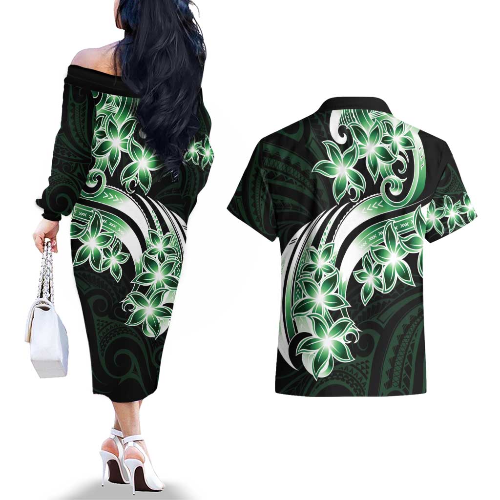 Plumeria Tribal Tattoo Couples Matching Off The Shoulder Long Sleeve Dress and Hawaiian Shirt Green Polynesian Pattern LT9 - Polynesian Pride