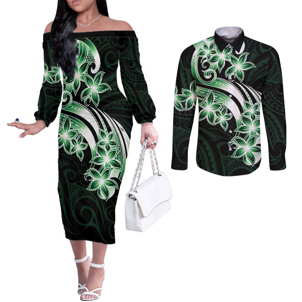 Plumeria Tribal Tattoo Couples Matching Off The Shoulder Long Sleeve Dress and Long Sleeve Button Shirt Green Polynesian Pattern LT9 Green - Polynesian Pride