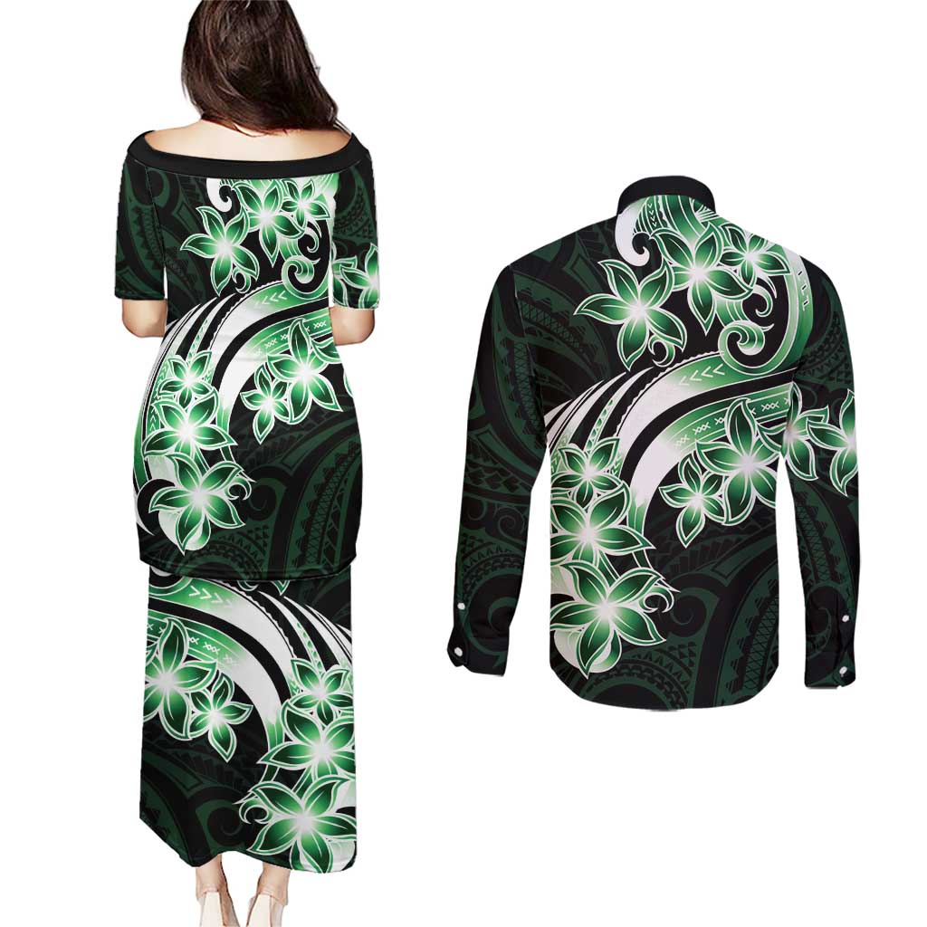 Plumeria Tribal Tattoo Couples Matching Puletasi and Long Sleeve Button Shirt Green Polynesian Pattern LT9 - Polynesian Pride