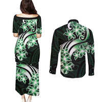 Plumeria Tribal Tattoo Couples Matching Puletasi and Long Sleeve Button Shirt Green Polynesian Pattern LT9 - Polynesian Pride