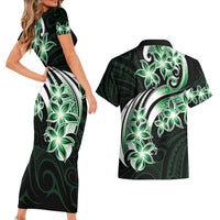 Plumeria Tribal Tattoo Couples Matching Short Sleeve Bodycon Dress and Hawaiian Shirt Green Polynesian Pattern LT9 - Polynesian Pride