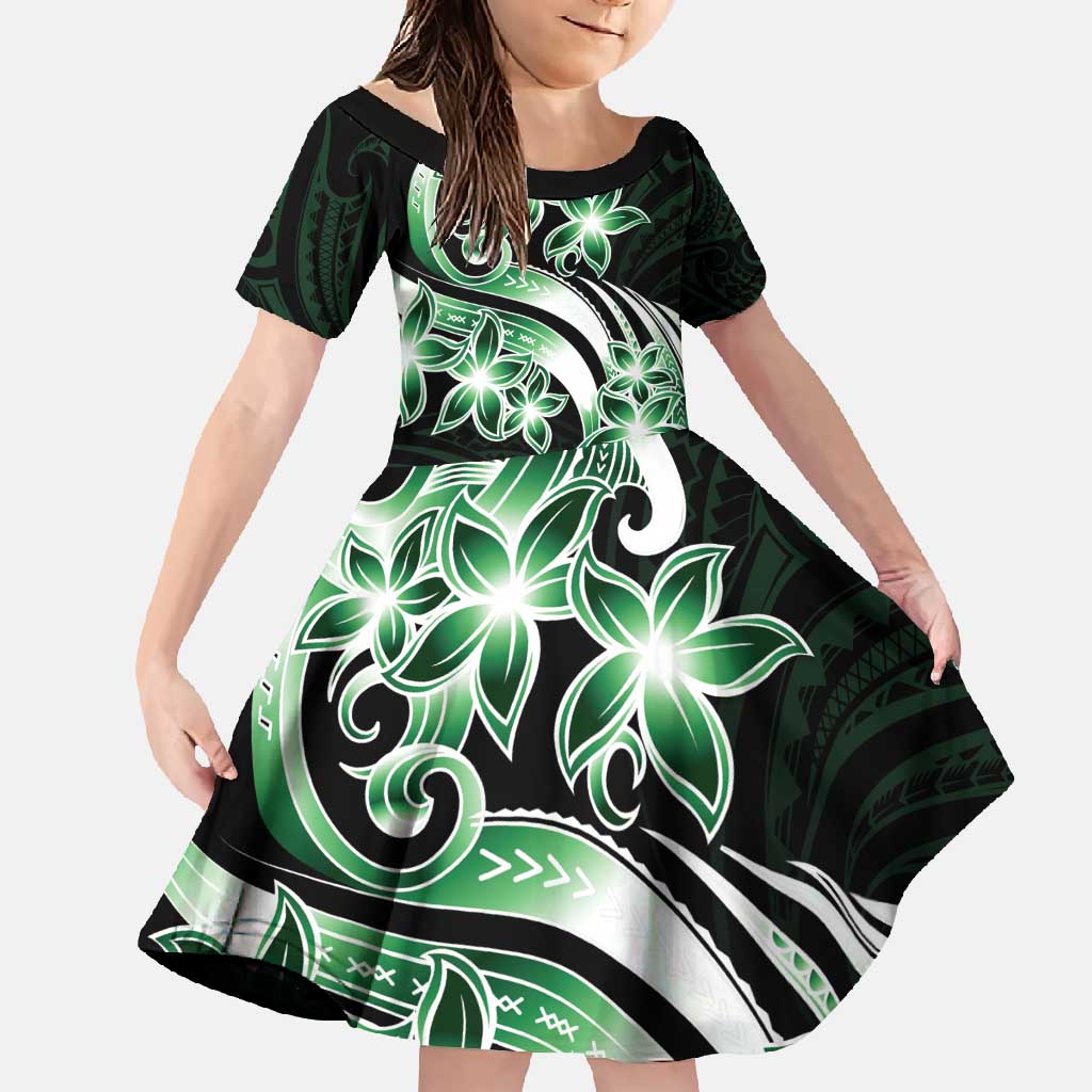 Plumeria Tribal Tattoo Family Matching Off Shoulder Maxi Dress and Hawaiian Shirt Green Polynesian Pattern LT9 Daughter's Dress Green - Polynesian Pride