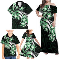 Plumeria Tribal Tattoo Family Matching Off Shoulder Maxi Dress and Hawaiian Shirt Green Polynesian Pattern LT9 - Polynesian Pride