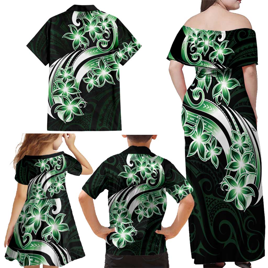 Plumeria Tribal Tattoo Family Matching Off Shoulder Maxi Dress and Hawaiian Shirt Green Polynesian Pattern LT9 - Polynesian Pride