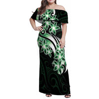 Plumeria Tribal Tattoo Family Matching Off Shoulder Maxi Dress and Hawaiian Shirt Green Polynesian Pattern LT9 Mom's Dress Green - Polynesian Pride