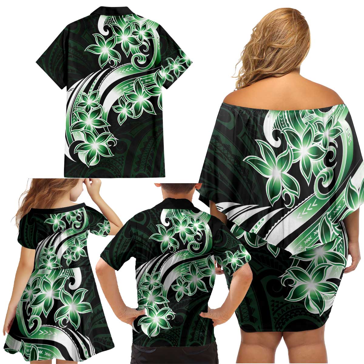 Plumeria Tribal Tattoo Family Matching Off Shoulder Short Dress and Hawaiian Shirt Green Polynesian Pattern LT9 - Polynesian Pride