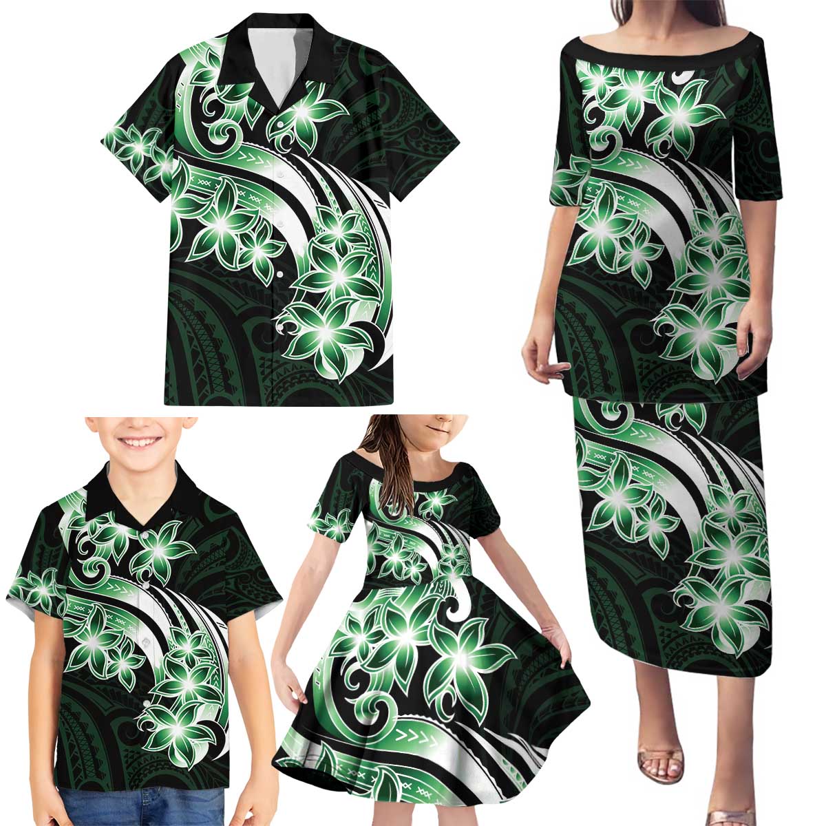 Plumeria Tribal Tattoo Family Matching Puletasi and Hawaiian Shirt Green Polynesian Pattern LT9 - Polynesian Pride