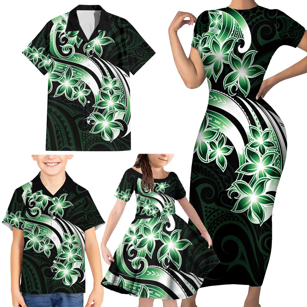 Plumeria Tribal Tattoo Family Matching Short Sleeve Bodycon Dress and Hawaiian Shirt Green Polynesian Pattern LT9 - Polynesian Pride