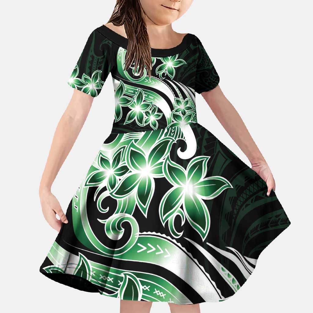Plumeria Tribal Tattoo Family Matching Summer Maxi Dress and Hawaiian Shirt Green Polynesian Pattern LT9 Daughter's Dress Green - Polynesian Pride