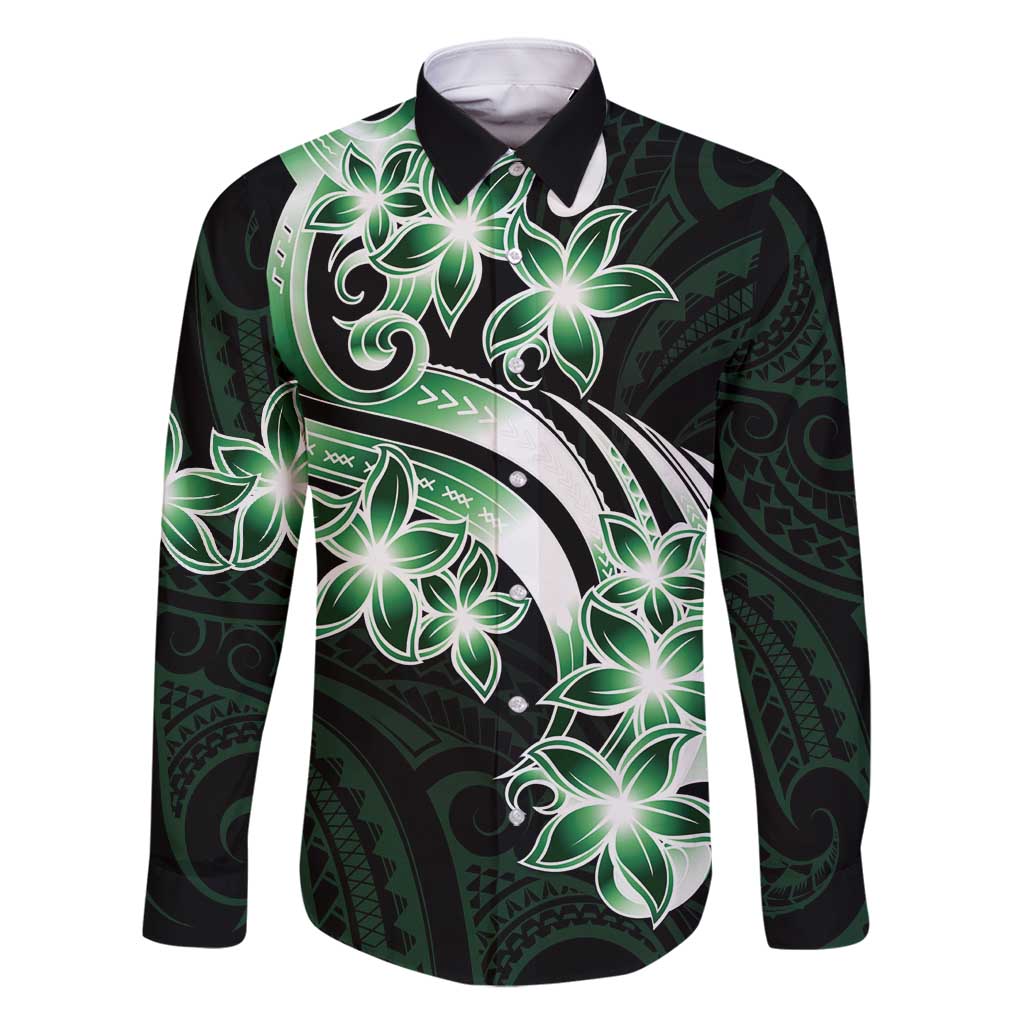 Plumeria Tribal Tattoo Family Matching Summer Maxi Dress and Hawaiian Shirt Green Polynesian Pattern LT9 Dad's Shirt - Long Sleeve Green - Polynesian Pride