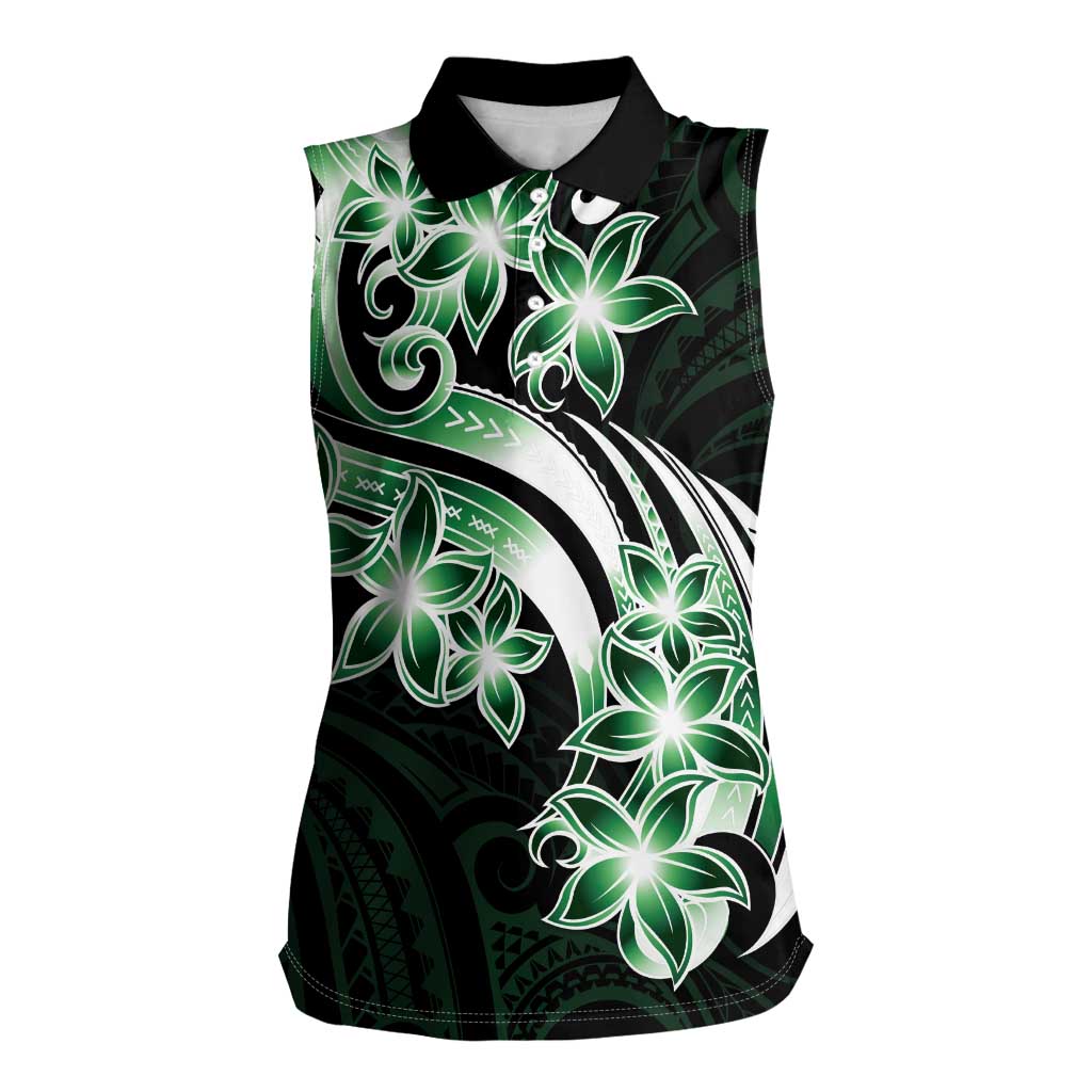 Plumeria Tribal Tattoo Women Sleeveless Polo Shirt Green Polynesian Pattern LT9 Female Green - Polynesian Pride