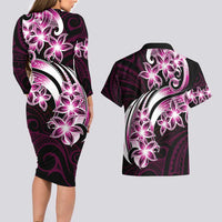 Plumeria Tribal Tattoo Couples Matching Long Sleeve Bodycon Dress and Hawaiian Shirt Pink Polynesian Pattern LT9 - Polynesian Pride