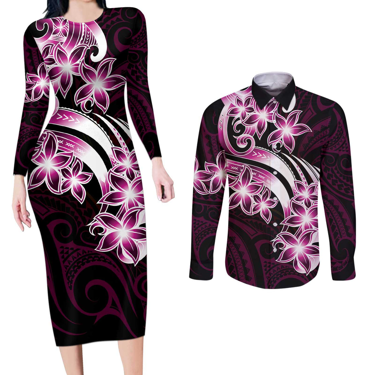 Plumeria Tribal Tattoo Couples Matching Long Sleeve Bodycon Dress and Long Sleeve Button Shirt Pink Polynesian Pattern LT9 Pink - Polynesian Pride
