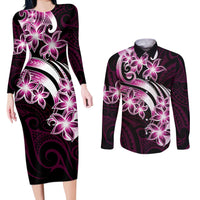 Plumeria Tribal Tattoo Couples Matching Long Sleeve Bodycon Dress and Long Sleeve Button Shirt Pink Polynesian Pattern LT9 Pink - Polynesian Pride