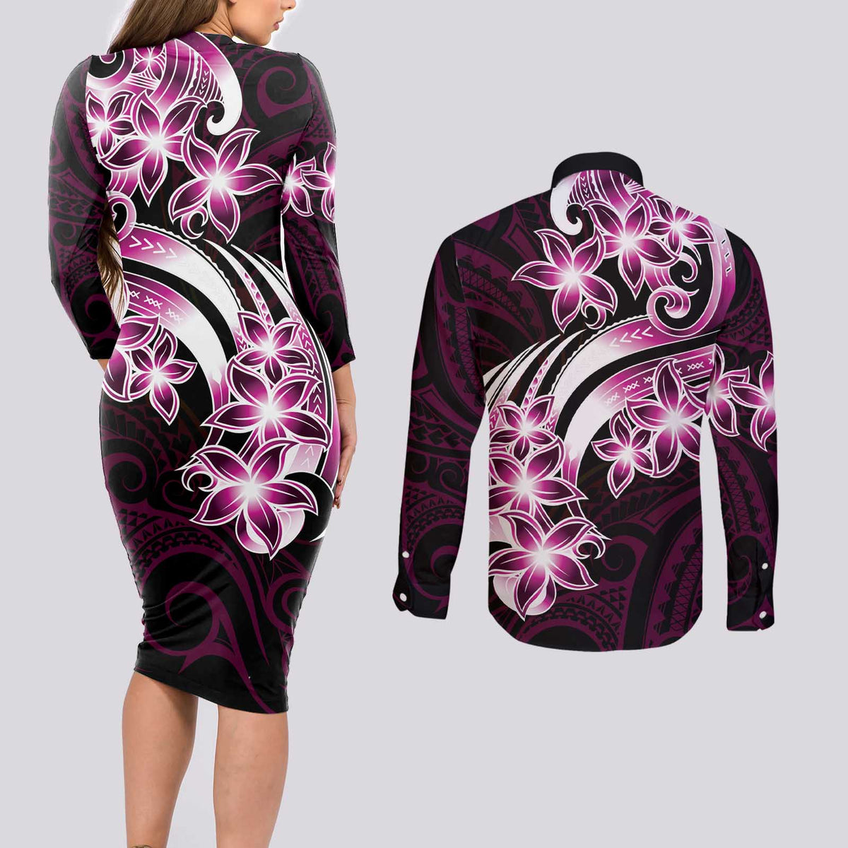 Plumeria Tribal Tattoo Couples Matching Long Sleeve Bodycon Dress and Long Sleeve Button Shirt Pink Polynesian Pattern LT9 - Polynesian Pride