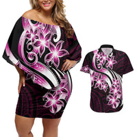 Plumeria Tribal Tattoo Couples Matching Off Shoulder Short Dress and Hawaiian Shirt Pink Polynesian Pattern LT9 Pink - Polynesian Pride
