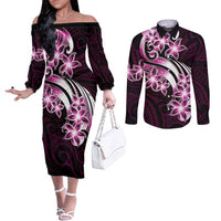 Plumeria Tribal Tattoo Couples Matching Off The Shoulder Long Sleeve Dress and Long Sleeve Button Shirt Pink Polynesian Pattern LT9 Pink - Polynesian Pride