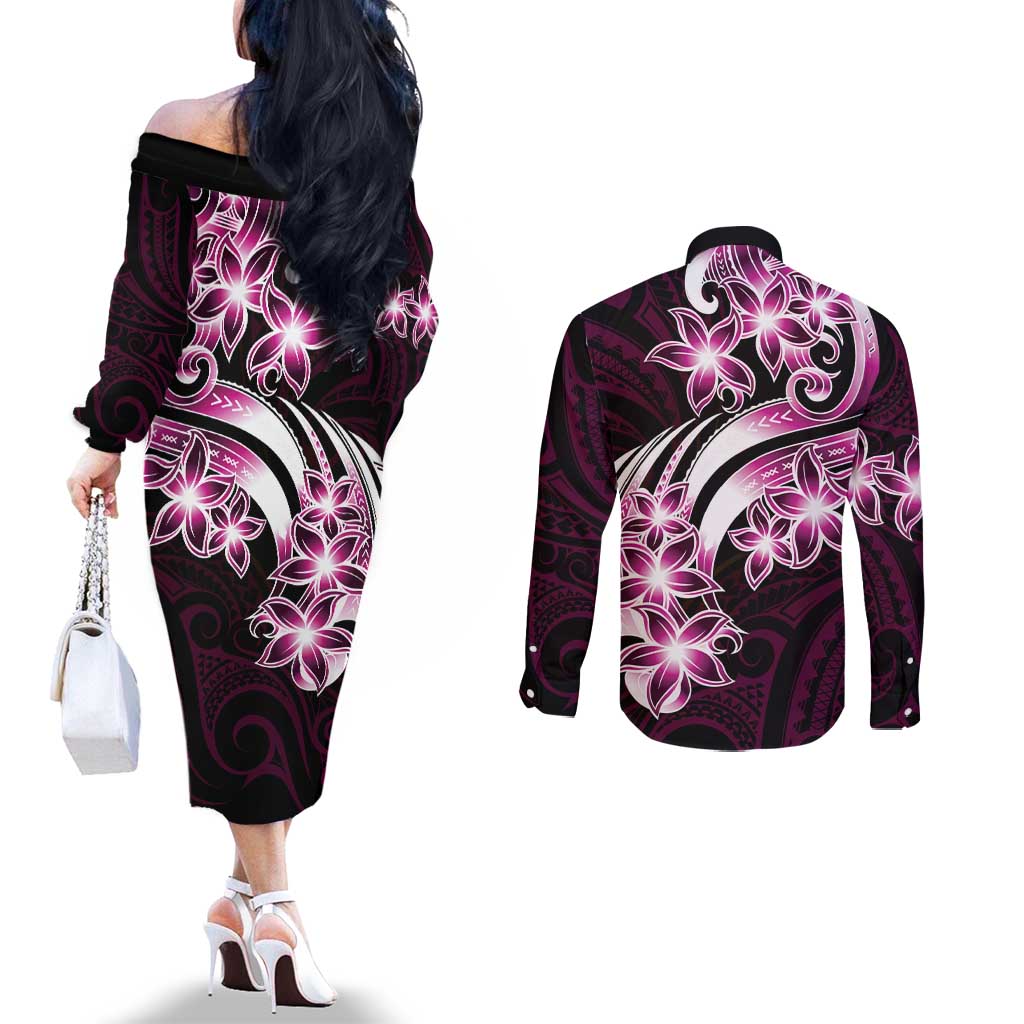Plumeria Tribal Tattoo Couples Matching Off The Shoulder Long Sleeve Dress and Long Sleeve Button Shirt Pink Polynesian Pattern LT9 - Polynesian Pride