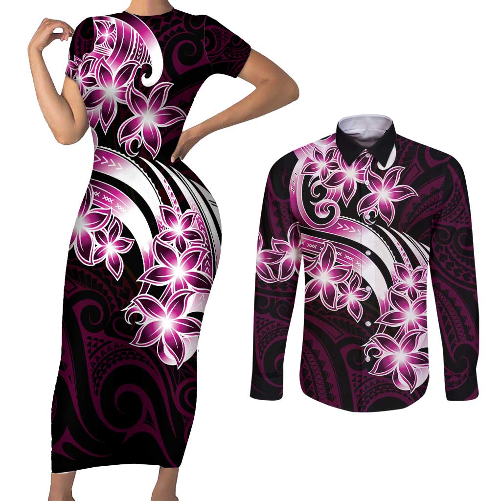 Plumeria Tribal Tattoo Couples Matching Short Sleeve Bodycon Dress and Long Sleeve Button Shirt Pink Polynesian Pattern LT9 Pink - Polynesian Pride