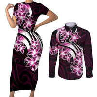 Plumeria Tribal Tattoo Couples Matching Short Sleeve Bodycon Dress and Long Sleeve Button Shirt Pink Polynesian Pattern LT9 Pink - Polynesian Pride