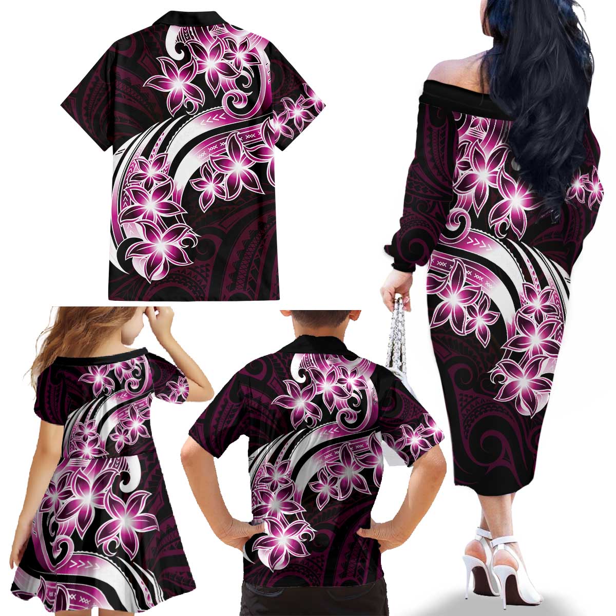 Plumeria Tribal Tattoo Family Matching Off The Shoulder Long Sleeve Dress and Hawaiian Shirt Pink Polynesian Pattern LT9 - Polynesian Pride