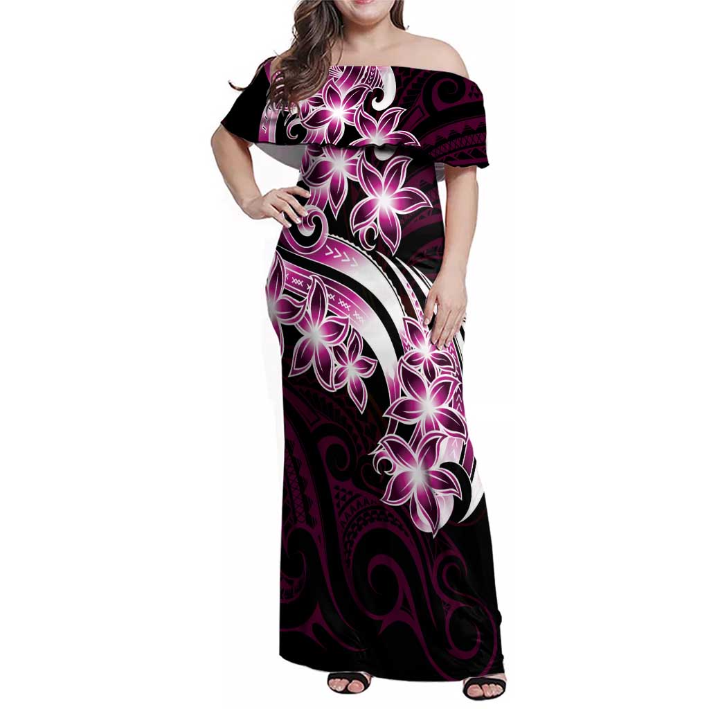 Plumeria Tribal Tattoo Family Matching Off Shoulder Maxi Dress and Hawaiian Shirt Pink Polynesian Pattern LT9 Mom's Dress Pink - Polynesian Pride