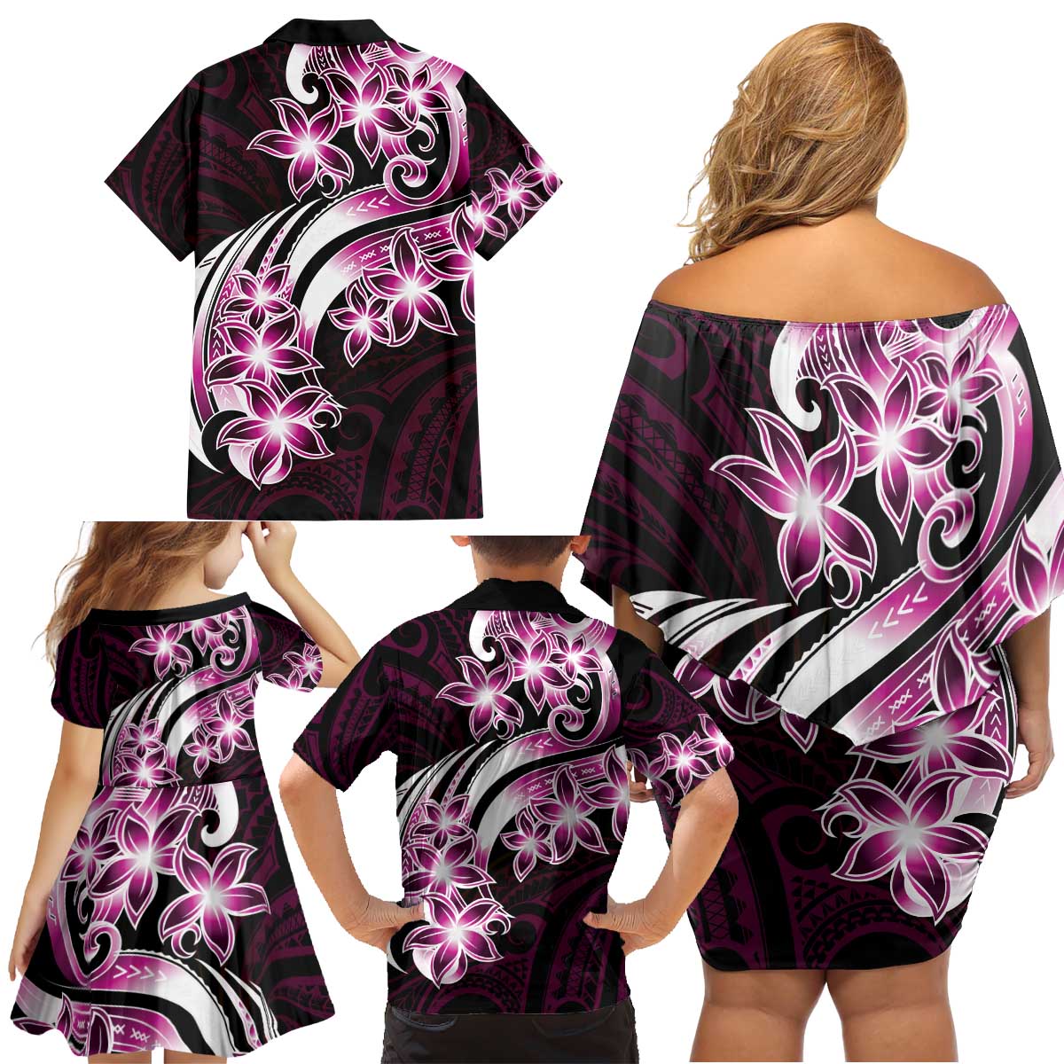 Plumeria Tribal Tattoo Family Matching Off Shoulder Short Dress and Hawaiian Shirt Pink Polynesian Pattern LT9 - Polynesian Pride