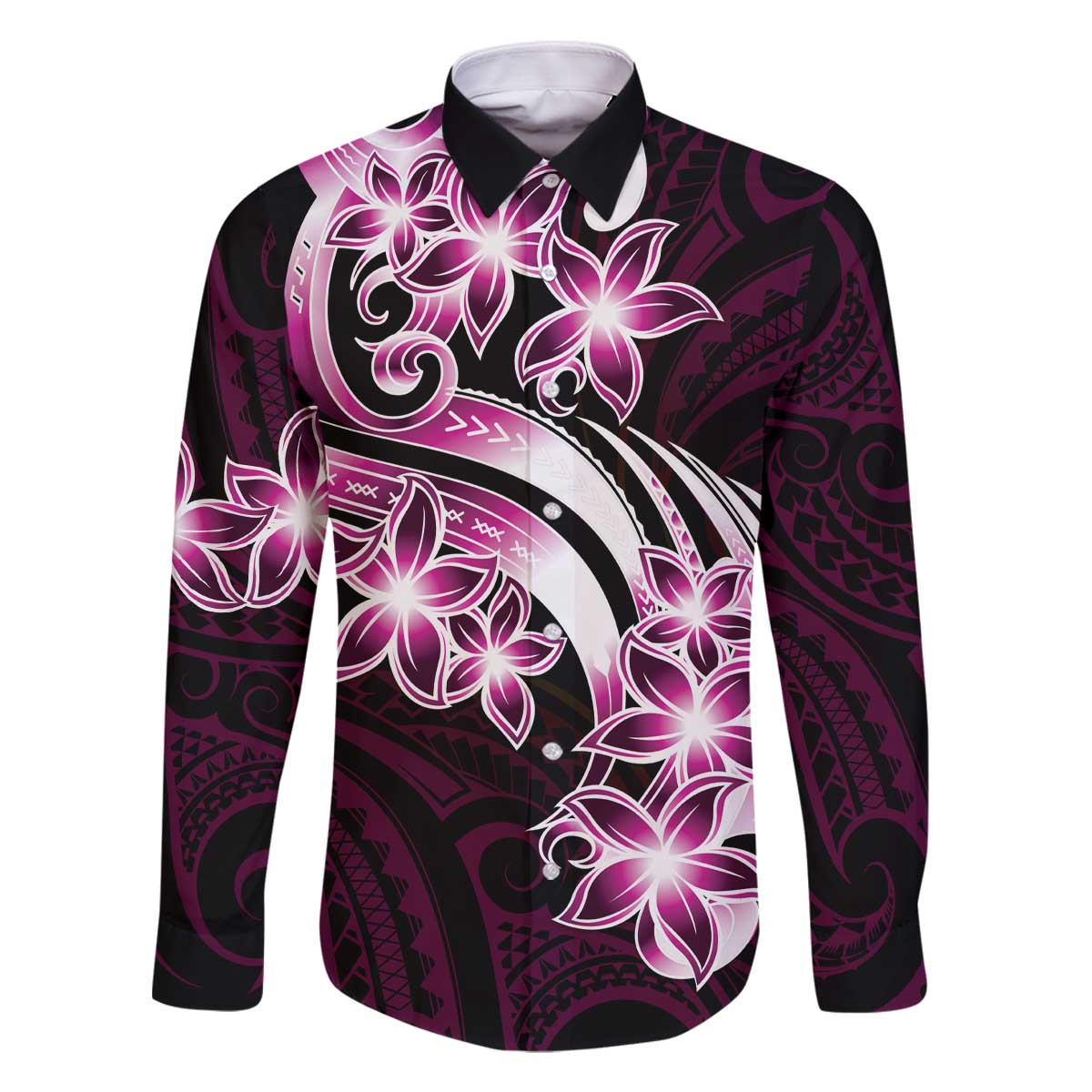 Plumeria Tribal Tattoo Family Matching Off Shoulder Short Dress and Hawaiian Shirt Pink Polynesian Pattern LT9 Dad's Shirt - Long Sleeve Pink - Polynesian Pride