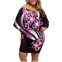 Plumeria Tribal Tattoo Family Matching Off Shoulder Short Dress and Hawaiian Shirt Pink Polynesian Pattern LT9 Mom's Dress Pink - Polynesian Pride