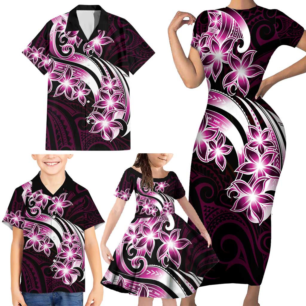Plumeria Tribal Tattoo Family Matching Short Sleeve Bodycon Dress and Hawaiian Shirt Pink Polynesian Pattern LT9 - Polynesian Pride