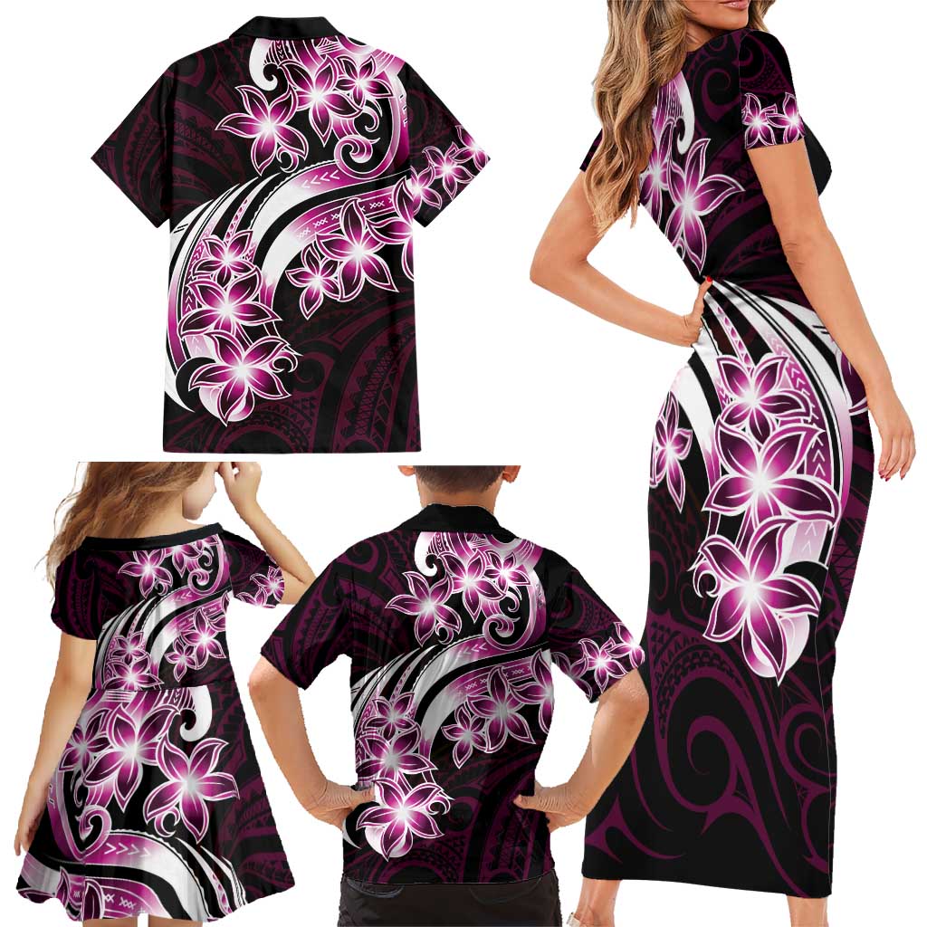 Plumeria Tribal Tattoo Family Matching Short Sleeve Bodycon Dress and Hawaiian Shirt Pink Polynesian Pattern LT9 - Polynesian Pride
