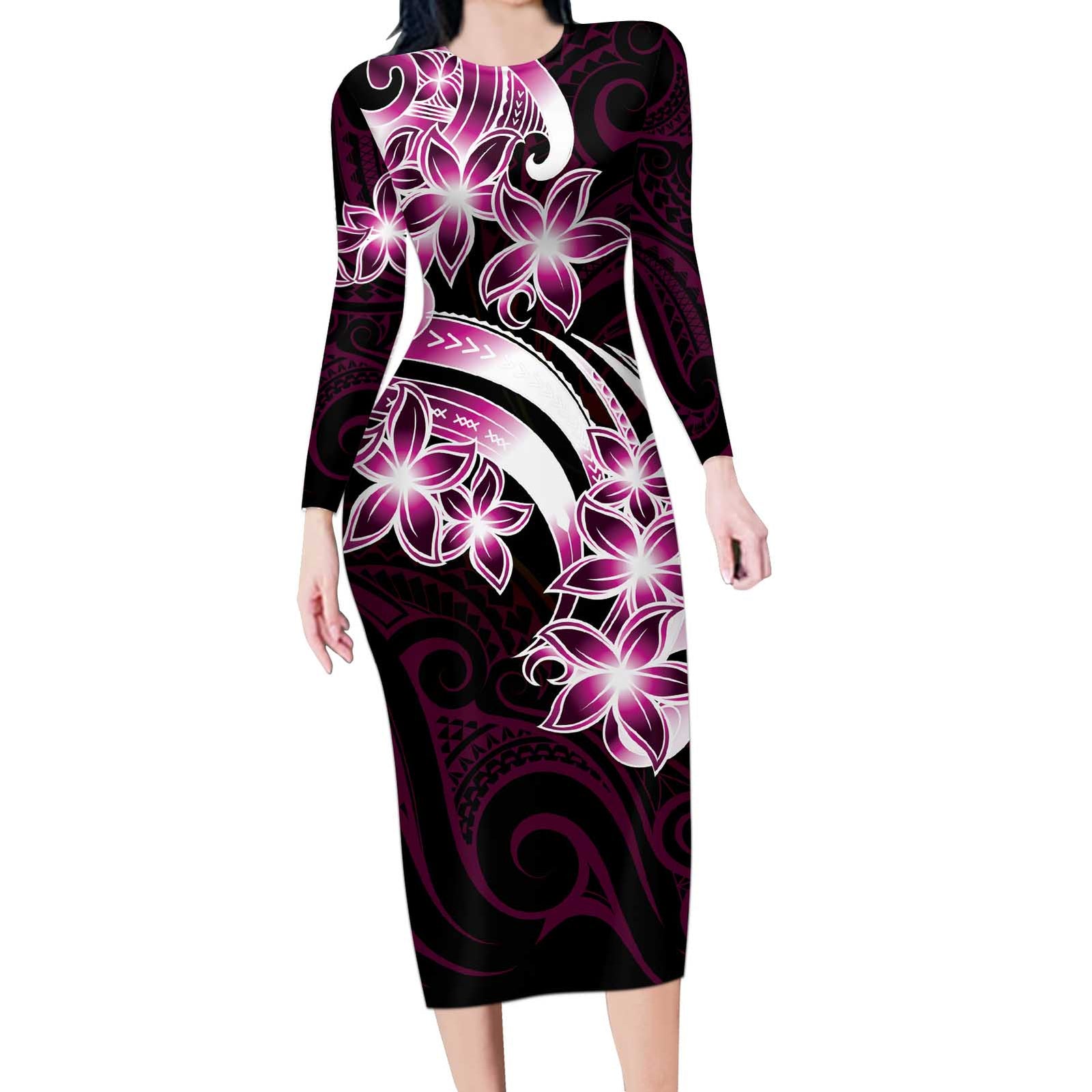 Plumeria Tribal Tattoo Long Sleeve Bodycon Dress Pink Polynesian Pattern LT9 Long Dress Pink - Polynesian Pride
