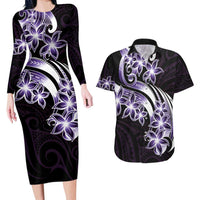 Plumeria Tribal Tattoo Couples Matching Long Sleeve Bodycon Dress and Hawaiian Shirt Purple Polynesian Pattern LT9 Purple - Polynesian Pride