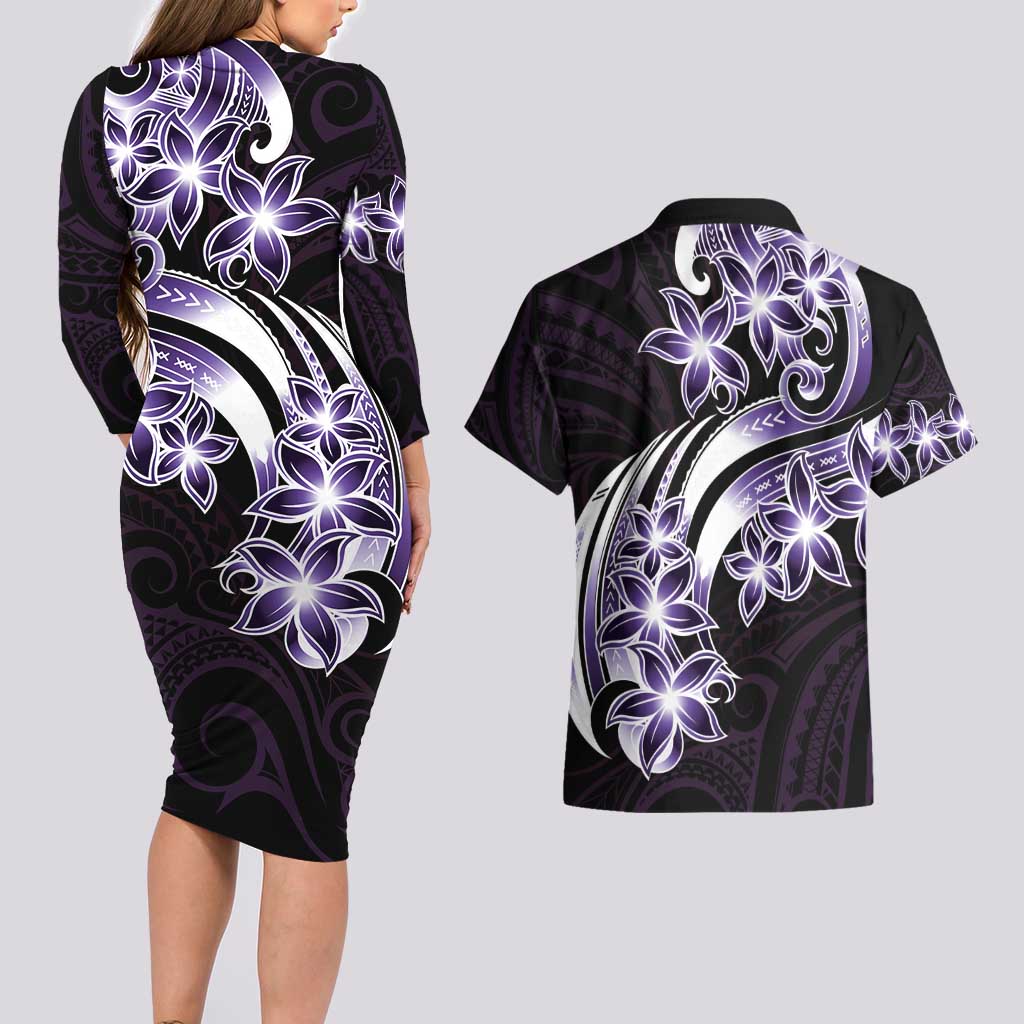Plumeria Tribal Tattoo Couples Matching Long Sleeve Bodycon Dress and Hawaiian Shirt Purple Polynesian Pattern LT9 - Polynesian Pride