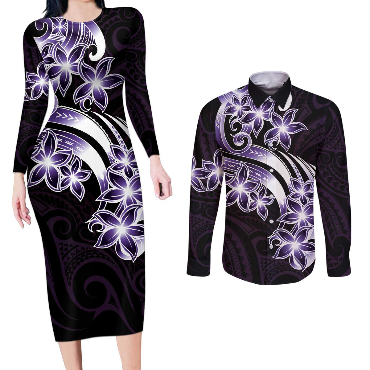 Plumeria Tribal Tattoo Couples Matching Long Sleeve Bodycon Dress and Long Sleeve Button Shirt Purple Polynesian Pattern LT9 Purple - Polynesian Pride