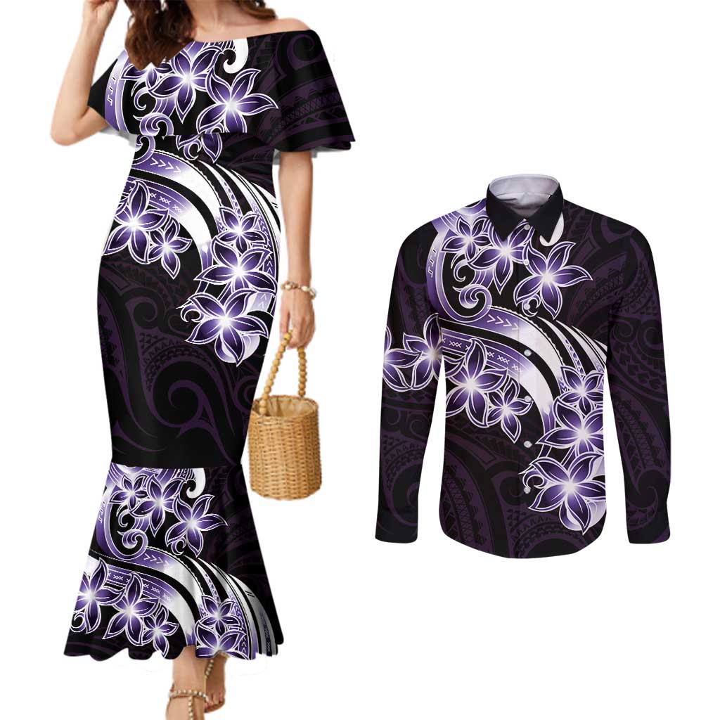 Plumeria Tribal Tattoo Couples Matching Mermaid Dress and Long Sleeve Button Shirt Purple Polynesian Pattern LT9 Purple - Polynesian Pride