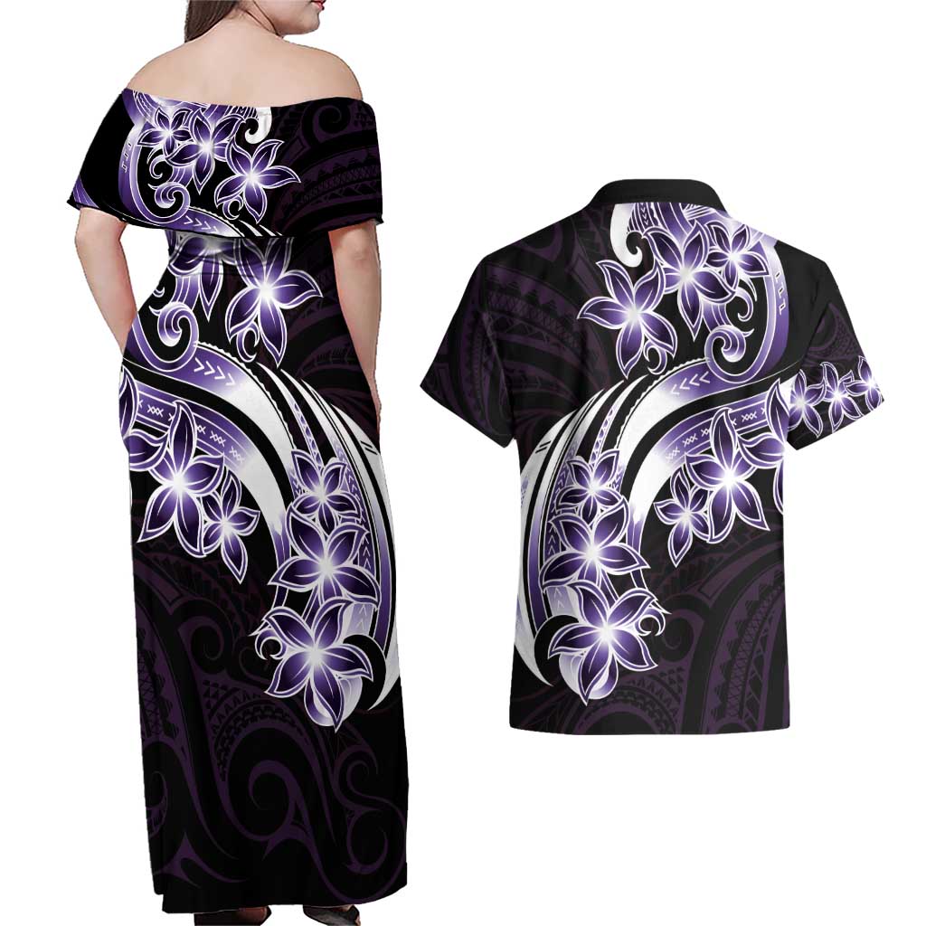 Plumeria Tribal Tattoo Couples Matching Off Shoulder Maxi Dress and Hawaiian Shirt Purple Polynesian Pattern LT9 - Polynesian Pride
