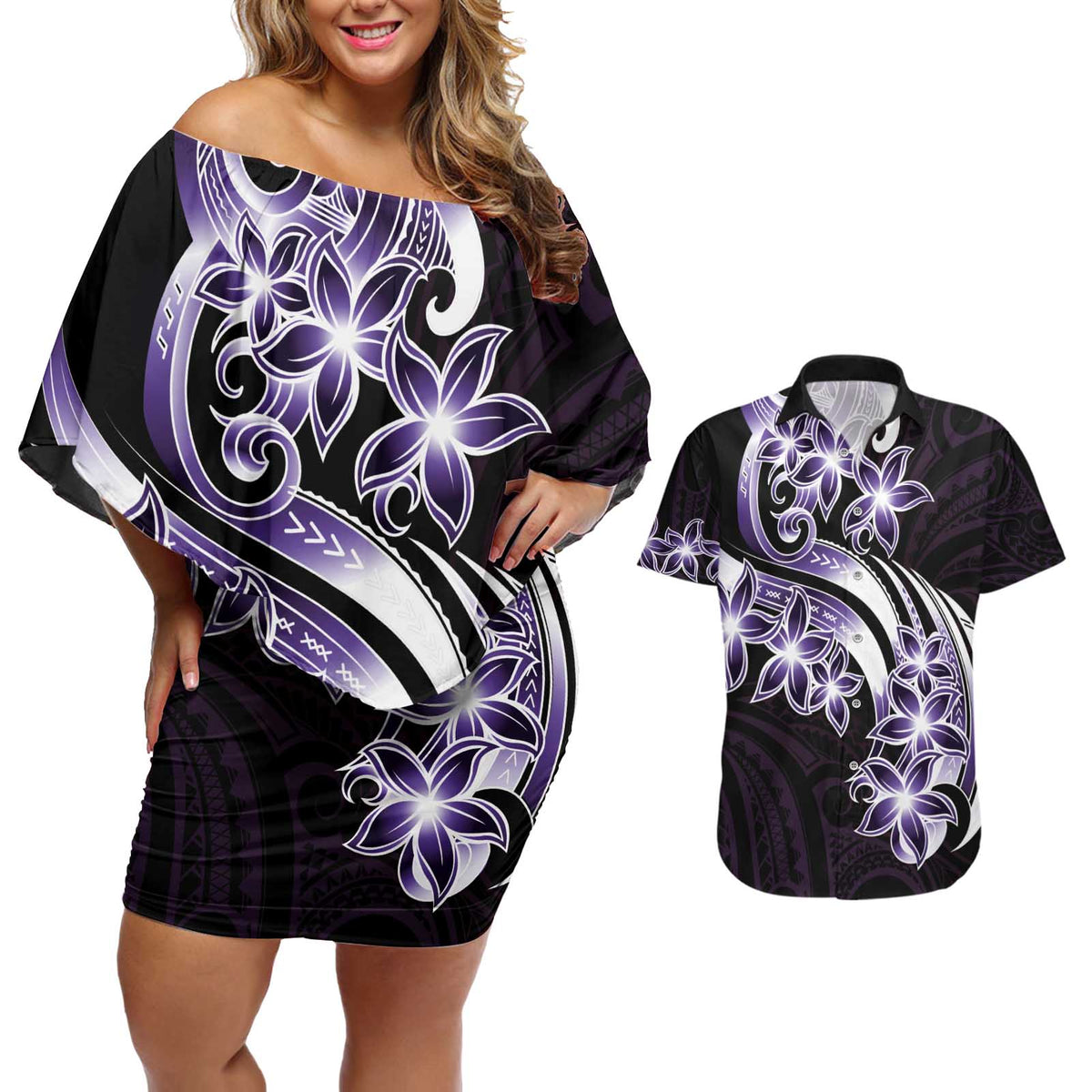 Plumeria Tribal Tattoo Couples Matching Off Shoulder Short Dress and Hawaiian Shirt Purple Polynesian Pattern LT9 Purple - Polynesian Pride
