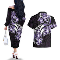 Plumeria Tribal Tattoo Couples Matching Off The Shoulder Long Sleeve Dress and Hawaiian Shirt Purple Polynesian Pattern LT9 - Polynesian Pride