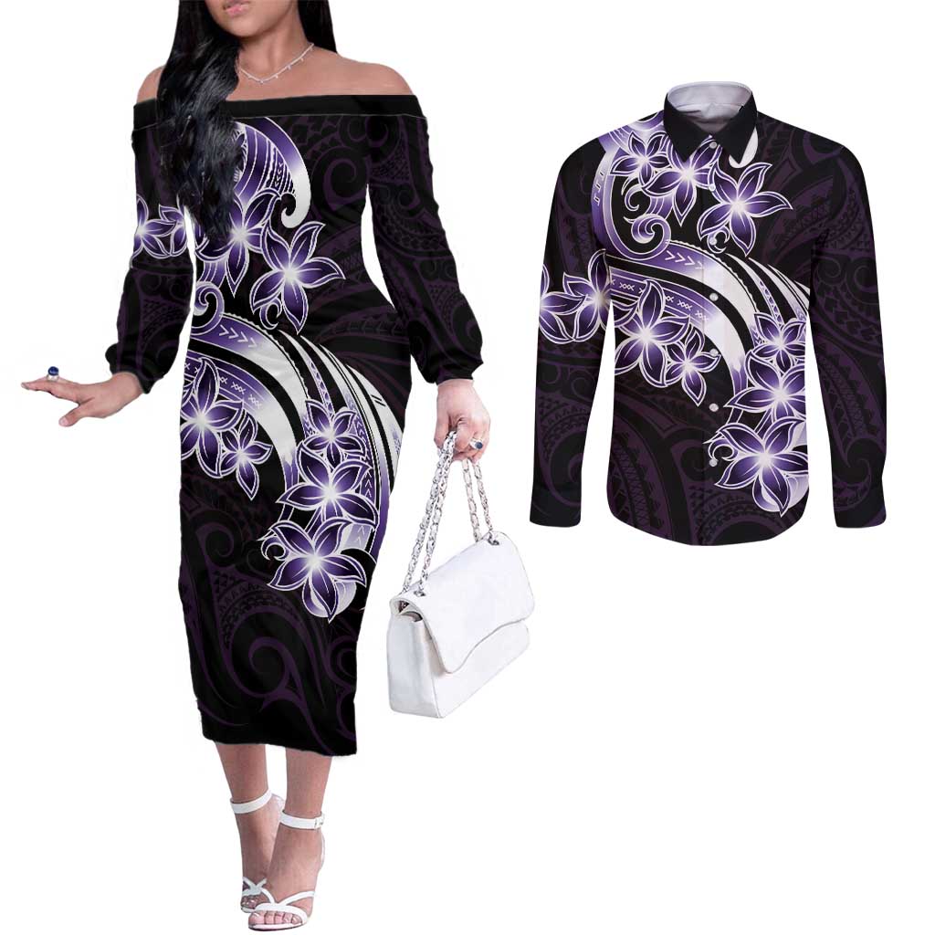 Plumeria Tribal Tattoo Couples Matching Off The Shoulder Long Sleeve Dress and Long Sleeve Button Shirt Purple Polynesian Pattern LT9 Purple - Polynesian Pride