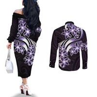 Plumeria Tribal Tattoo Couples Matching Off The Shoulder Long Sleeve Dress and Long Sleeve Button Shirt Purple Polynesian Pattern LT9 - Polynesian Pride