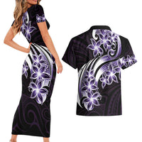 Plumeria Tribal Tattoo Couples Matching Short Sleeve Bodycon Dress and Hawaiian Shirt Purple Polynesian Pattern LT9 - Polynesian Pride