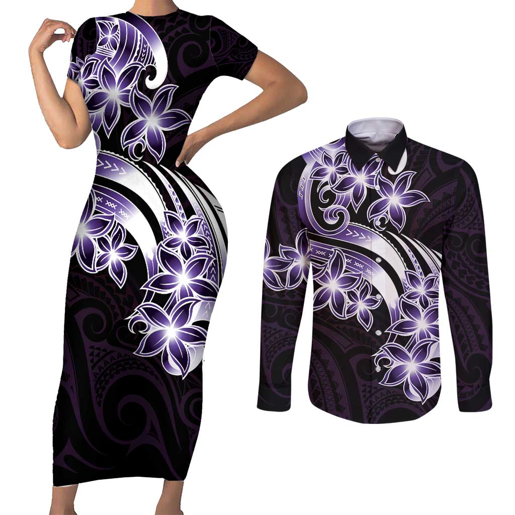 Plumeria Tribal Tattoo Couples Matching Short Sleeve Bodycon Dress and Long Sleeve Button Shirt Purple Polynesian Pattern LT9 Purple - Polynesian Pride