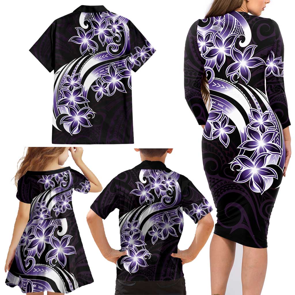 Plumeria Tribal Tattoo Family Matching Long Sleeve Bodycon Dress and Hawaiian Shirt Purple Polynesian Pattern LT9 - Polynesian Pride