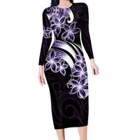 Plumeria Tribal Tattoo Family Matching Long Sleeve Bodycon Dress and Hawaiian Shirt Purple Polynesian Pattern LT9 Mom's Dress Purple - Polynesian Pride