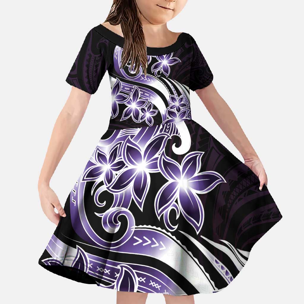 Plumeria Tribal Tattoo Family Matching Off Shoulder Maxi Dress and Hawaiian Shirt Purple Polynesian Pattern LT9 Daughter's Dress Purple - Polynesian Pride