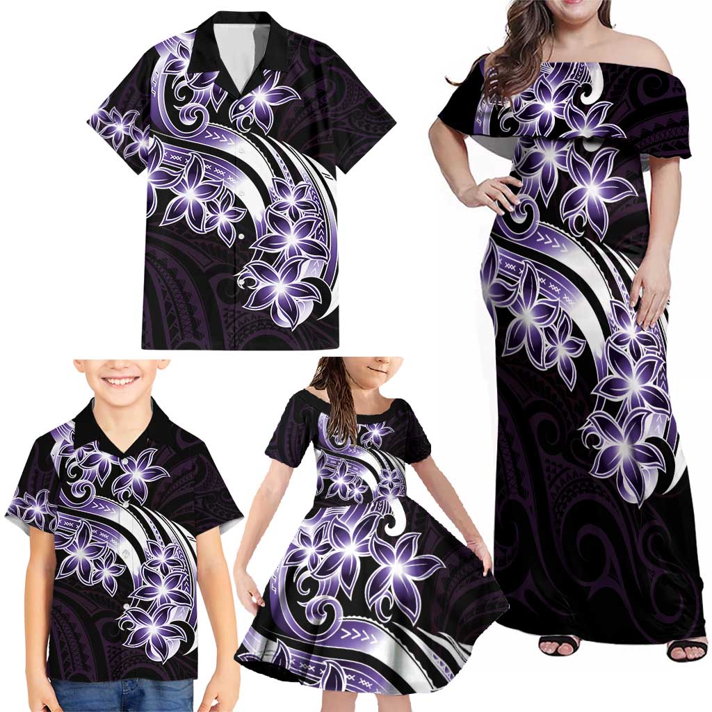 Plumeria Tribal Tattoo Family Matching Off Shoulder Maxi Dress and Hawaiian Shirt Purple Polynesian Pattern LT9 - Polynesian Pride